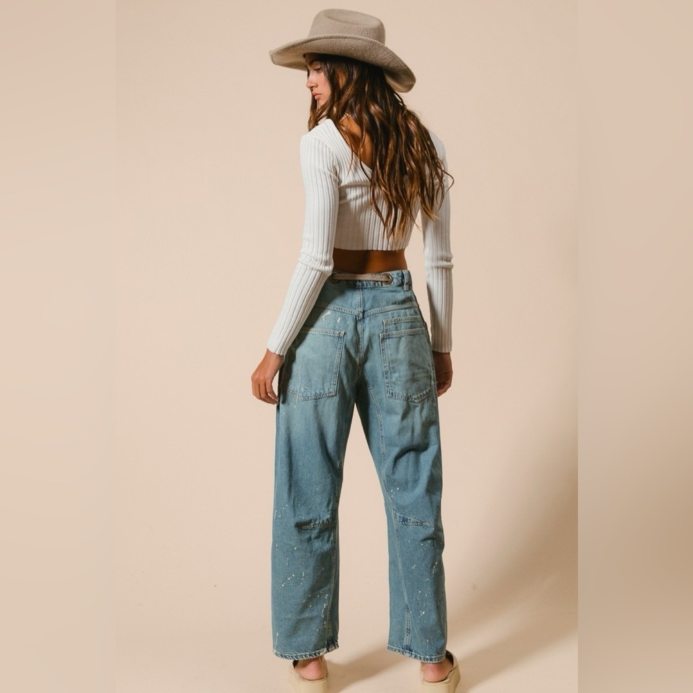 NWT BRAIDED WAIST BELT DRIP PAINTING DETAIL WASHED DENIM PANTS BARREL JEANS - Picture 13 of 14